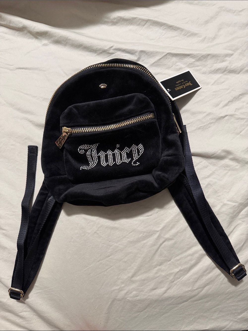 Juicy Couture Black Velvet Mini Backpack with Crystal 'Juicy' Logo